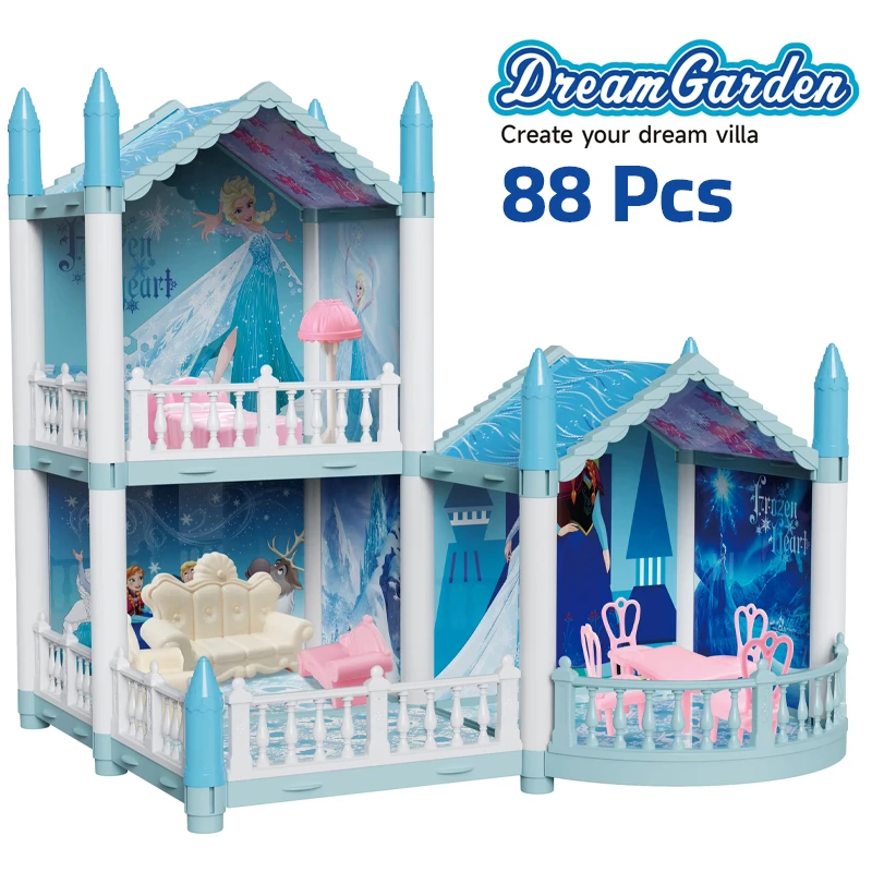 Dream Garden Villa Doll House 88 Pieces – Beautiful Frozen-themed Ice Castle Design with 2-story Villa Structure for Realistic Imaginative Storytelling and Creative Pretend Play for Kids (GGJ-043)